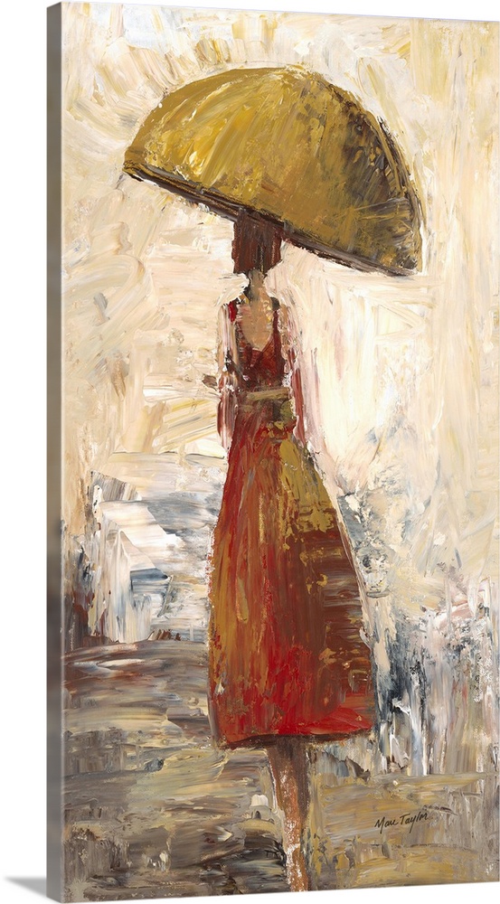 Contemporary painting of a woman in a red dress walking under a yellow umbrella.