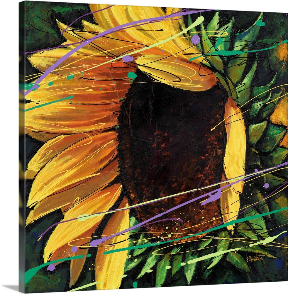 Contemporary close-up painting of a vibrant yellow sunflower.