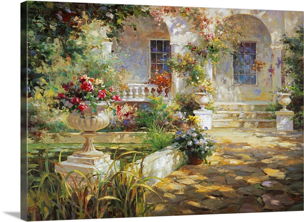Painting of a courtyard with arches and an urn full of flowers.