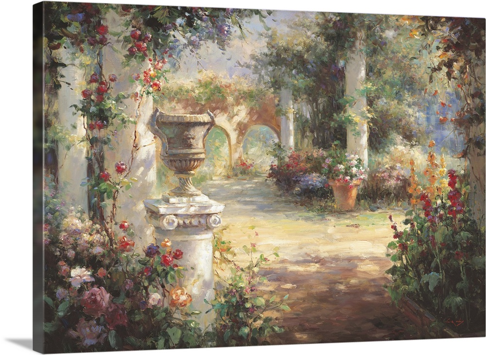 Painting of a courtyard with several columns bright lit by the sun.