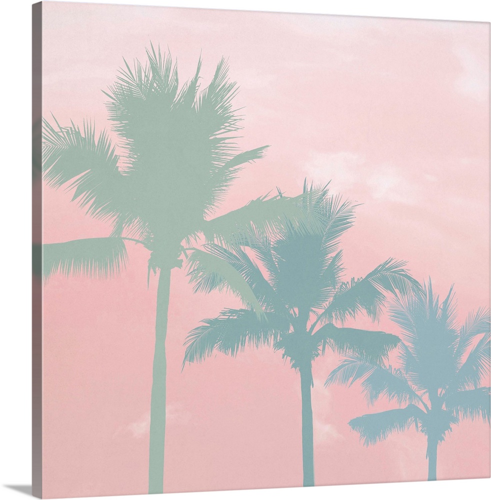 Three palm trees in green and blue tones on a light pink background with white clouds.