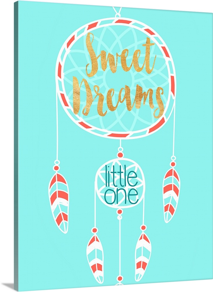 "Sweet Dreams Little One" written inside of a dream catcher on a light blue background.