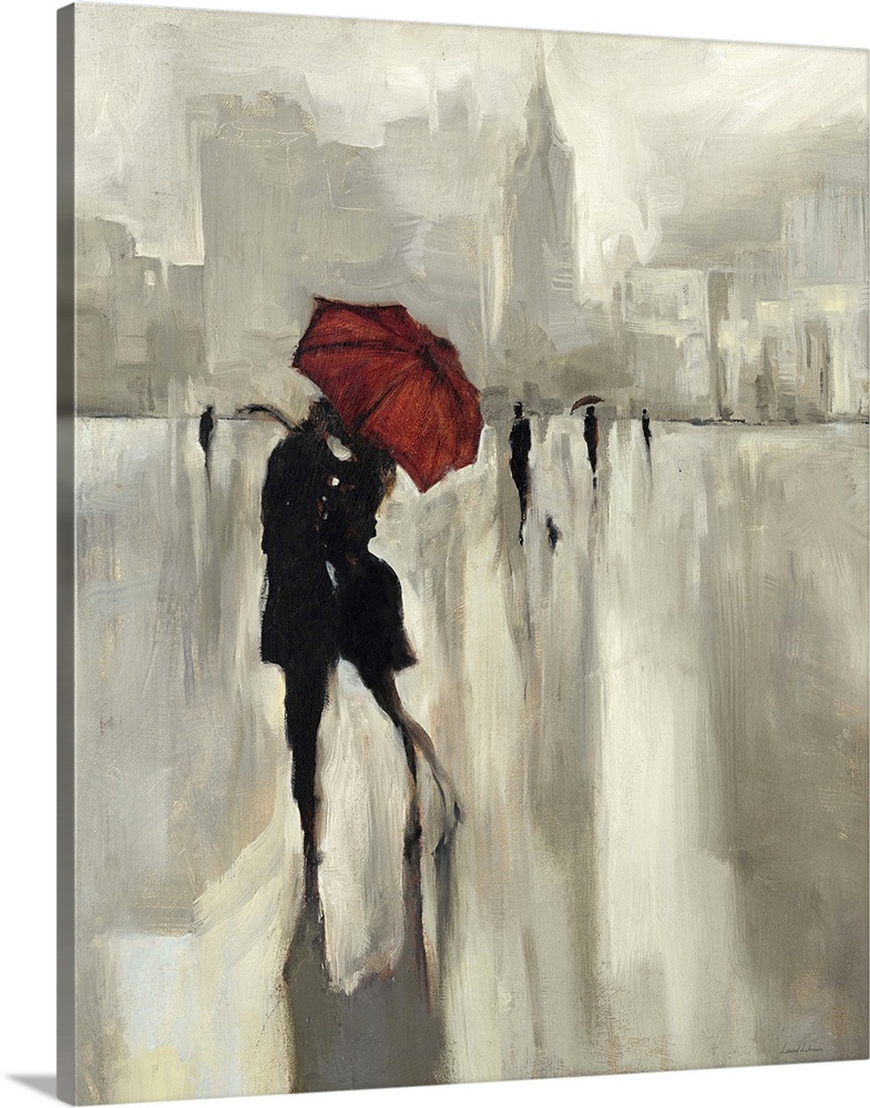 Contemporary home decor painting of a silhouetted people under a red umbrella in a loving embrace.