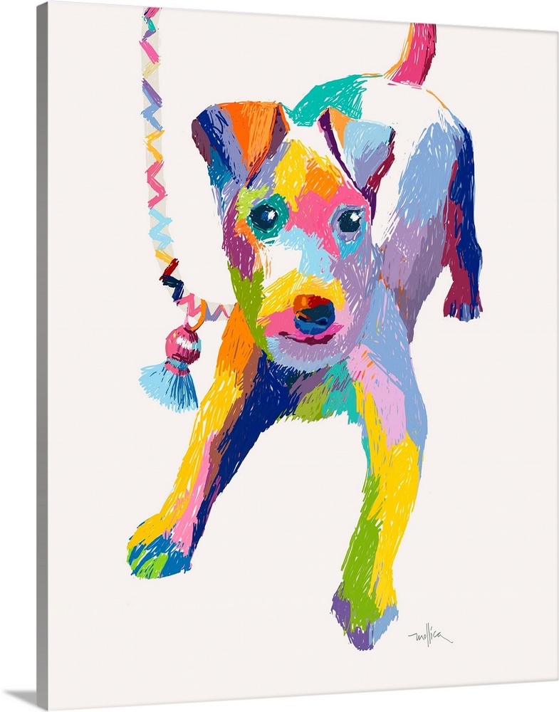 Colorful sketch of a terrier in bright colors on a leash, looking poised and ready to play.
