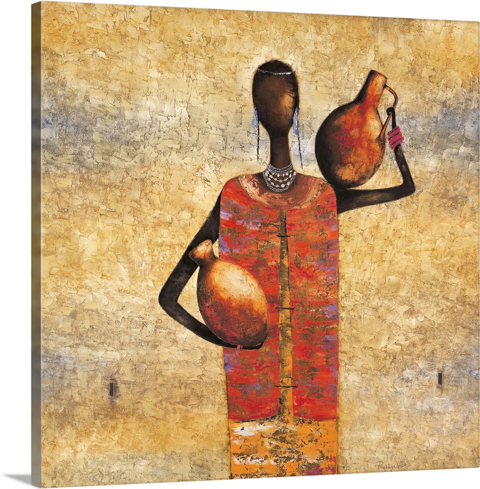 Contemporary painting of a tribal woman holding water jugs.