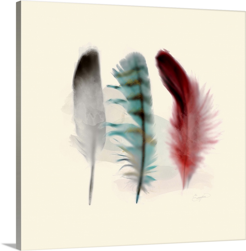 Contemporary watercolor art of vibrant multi-colored feathers.