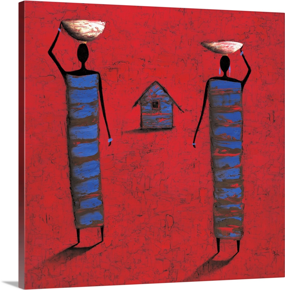 Contemporary painting of two tribal figures carrying food, against a red background.