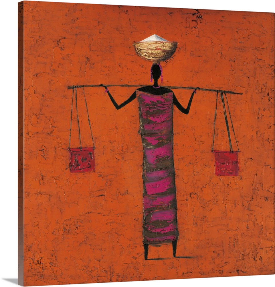 Contemporary painting of tribal figure carrying food and supplies.