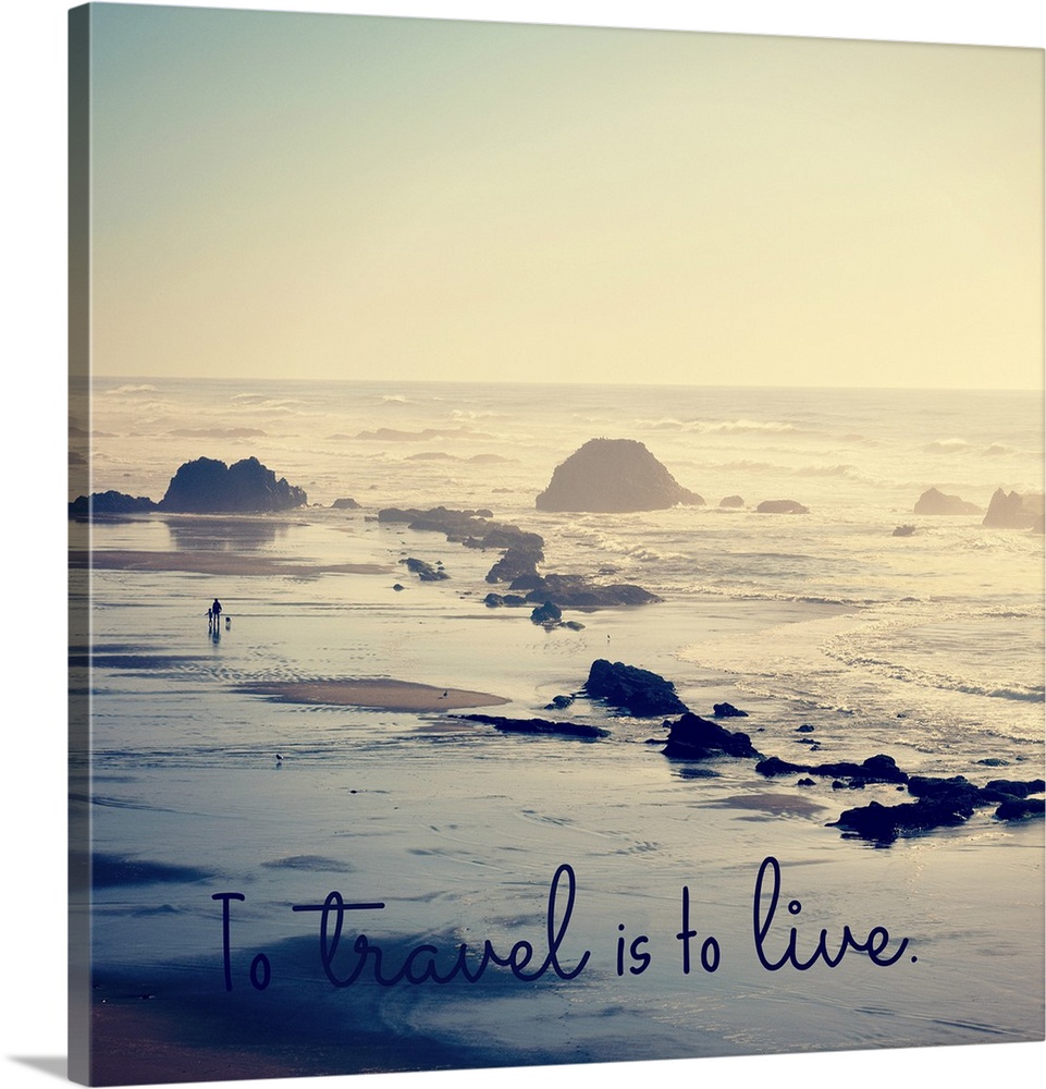 "To Travel Is To Live" written at the bottom of a square photograph of a rocky beach shore.