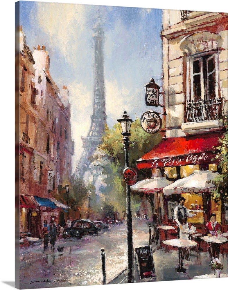 Contemporary painting of a view of the city streets of Paris, with the Eiffel Tower in the background.
