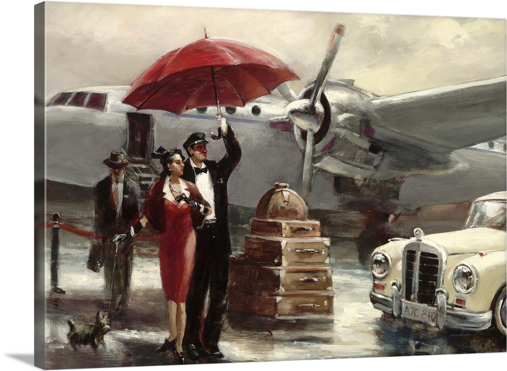 Contemporary painting of a woman in red disembarking from an airplane.