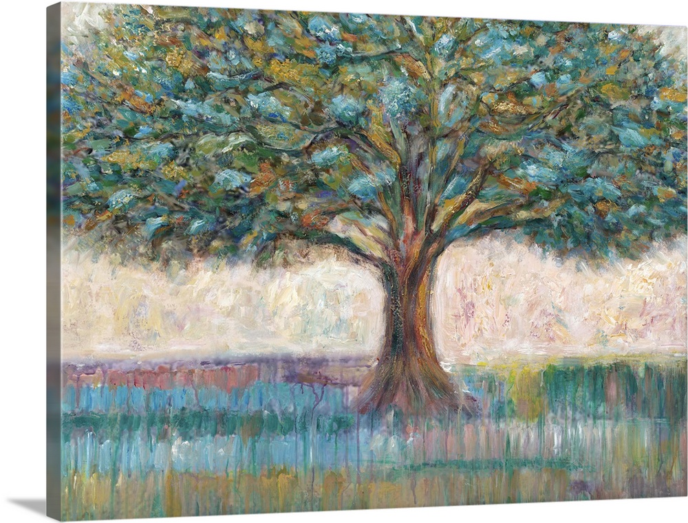 Contemporary artwork of a large tree with leafy branches.