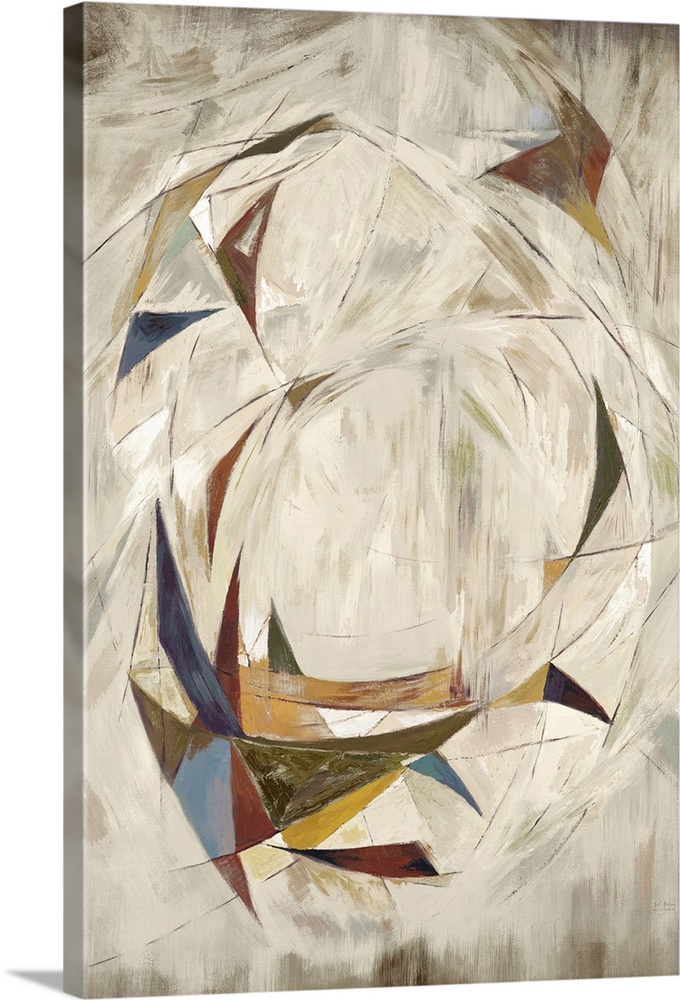 Contemporary abstract artwork of triangular shapes forming a circle against a neutral background.