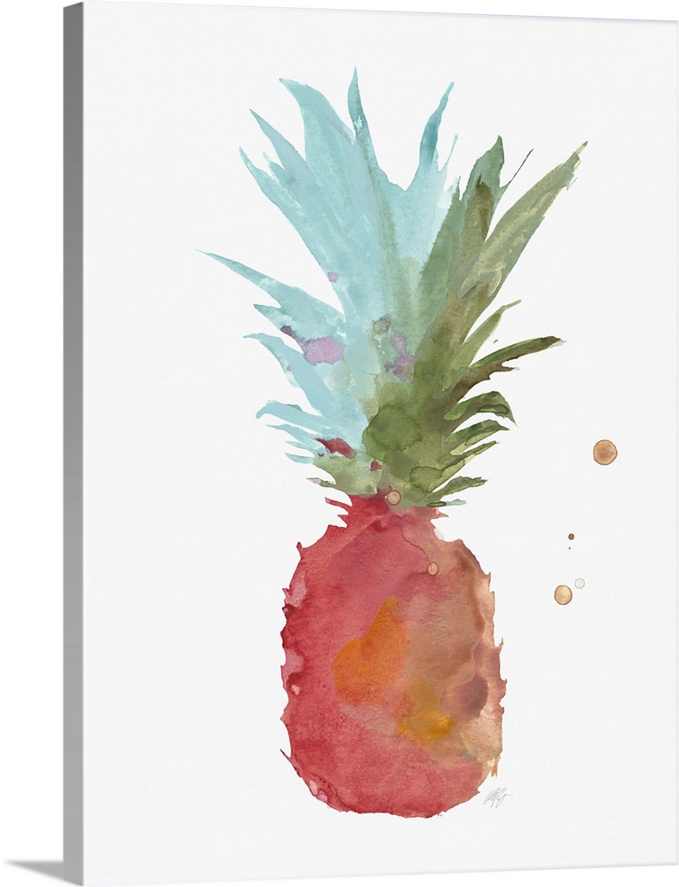 Watercolor painting of a tropical pineapple on white.