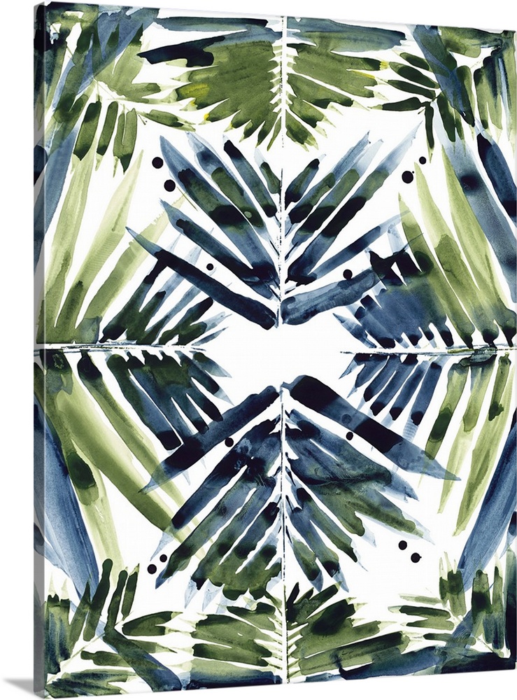 Watercolor painting of a palm frond pattern.