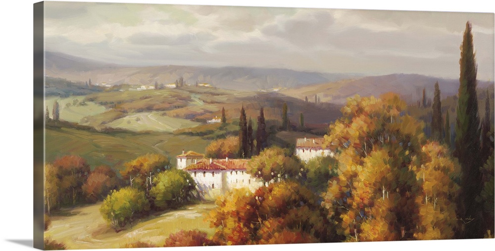 Contemporary painting of a wide view of the Tuscan country side with rolling hills and a villa.