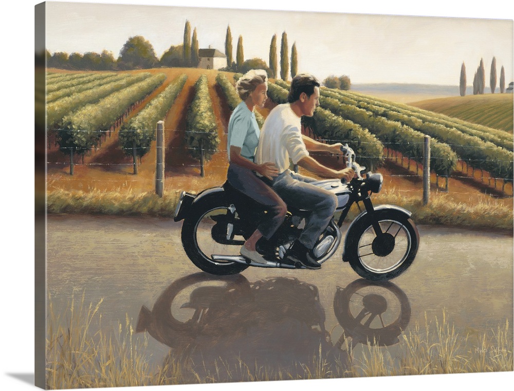 Contemporary painting of a man and woman on a motorcycle riding through Tuscany.