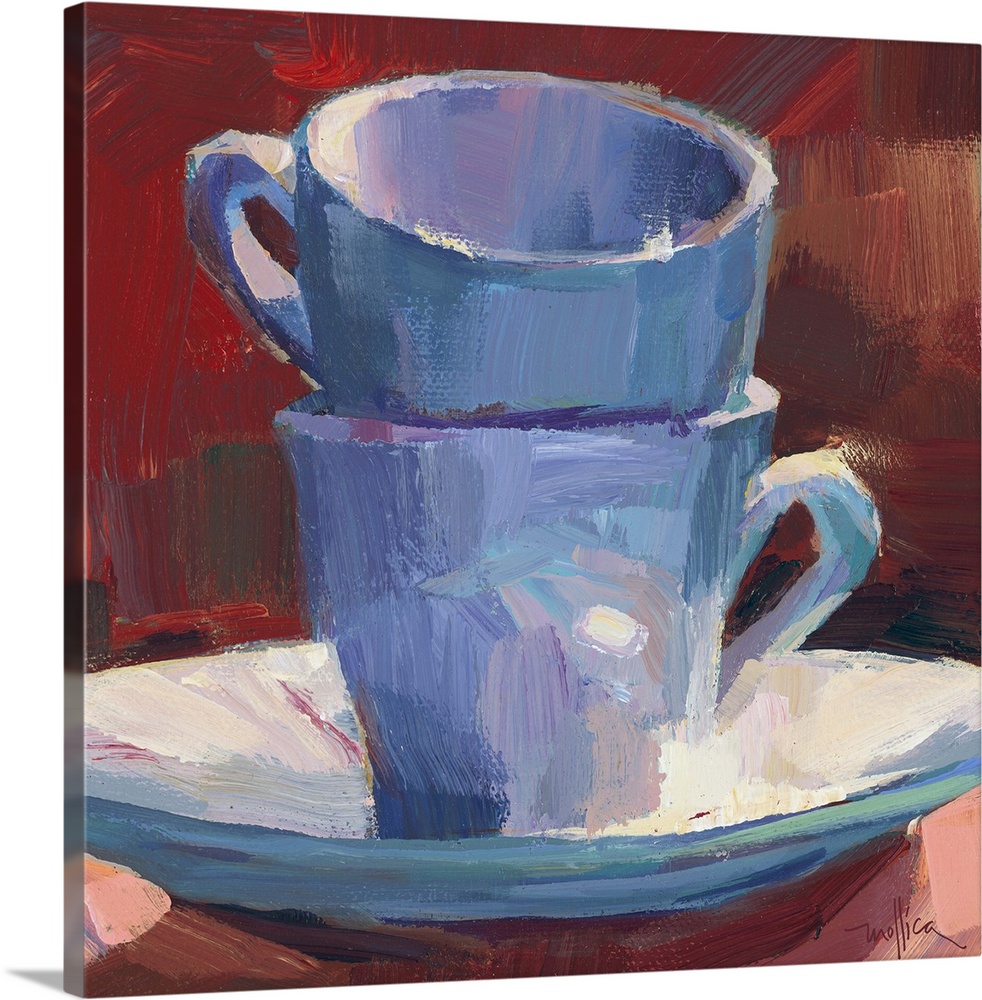 Contemporary painting of teacups stacked on a teacup saucer against a red background.