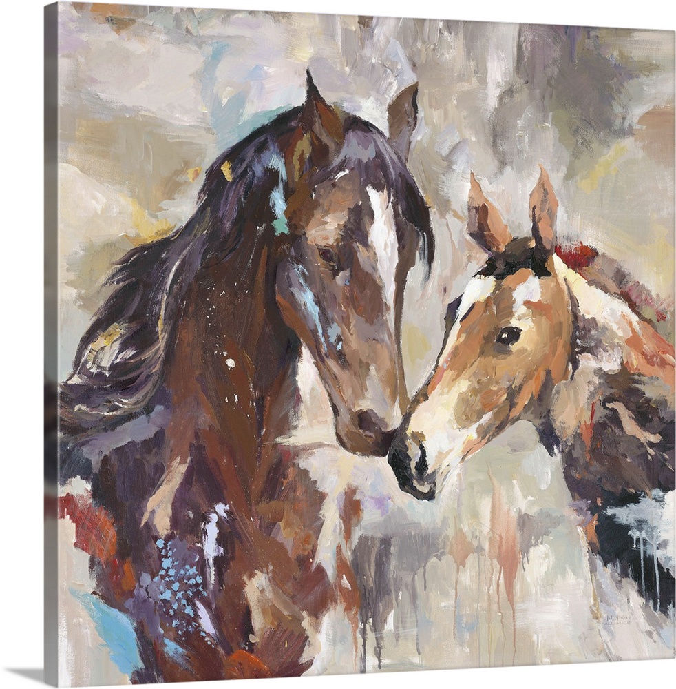 Home decor artwork of two horses nuzzling.