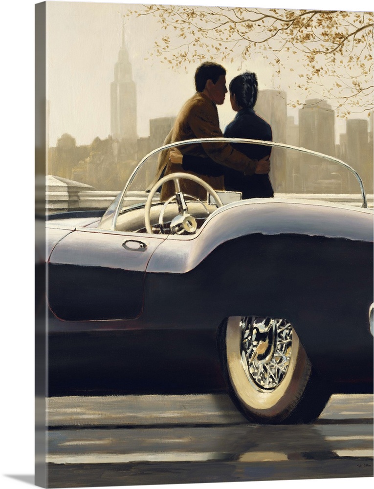 Contemporary figurative painting of a man and woman near a vintage car looking at the New York City skyline.