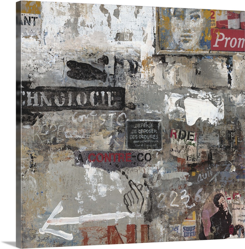 Contemporary painting of graffiti and clippings arranged in a collage in moody grey tones.