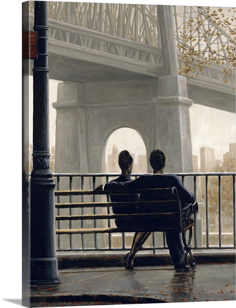 Contemporary figurative painting of a man and woman sitting on a bench near the Brooklyn Bridge.