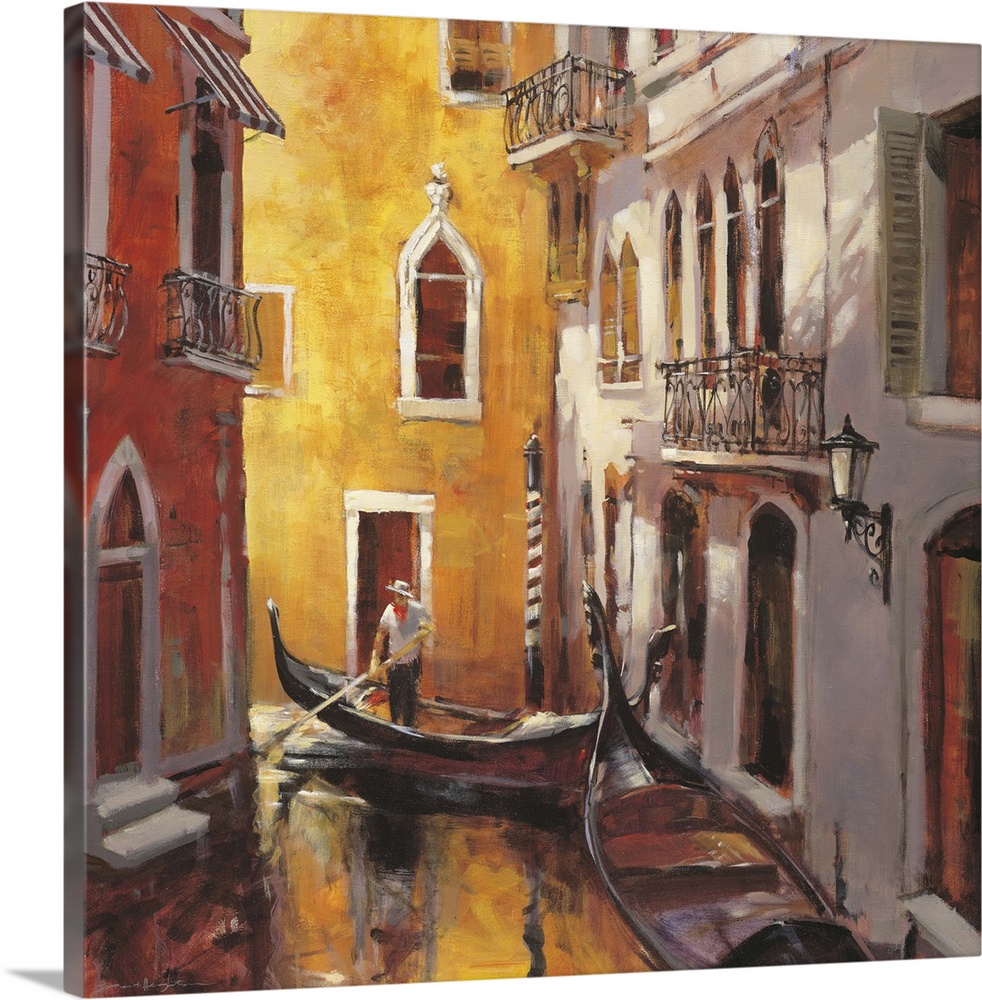 Contemporary painting of a gondolier moving gently through the narrow canals of Venice.