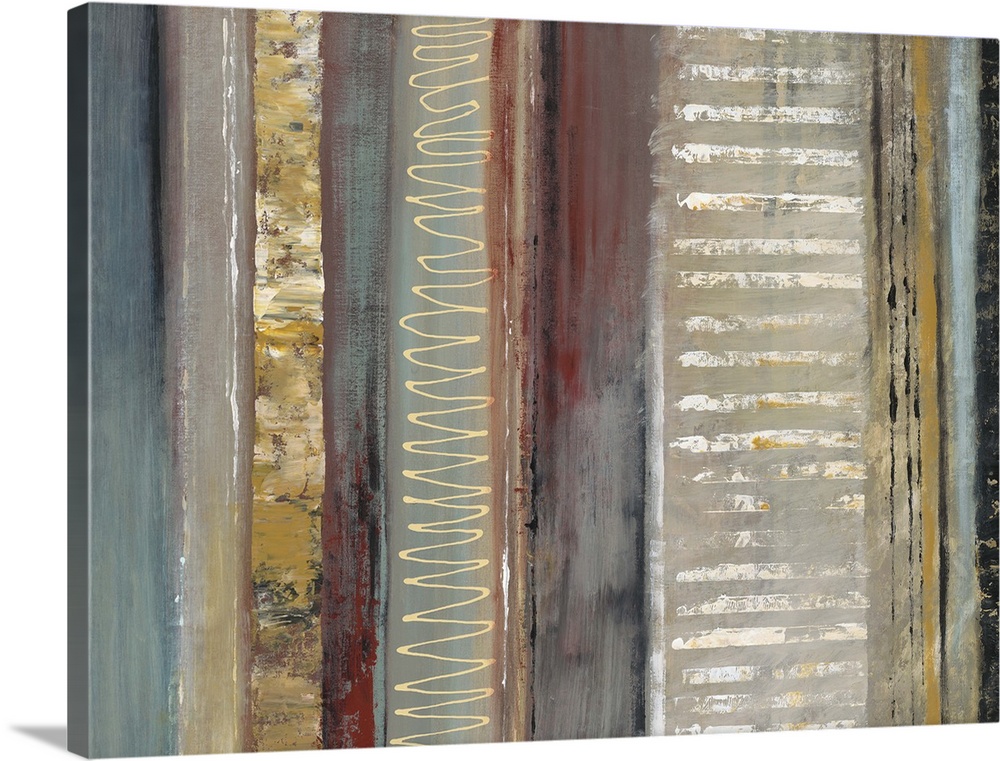 Contemporary abstract painting of vertical lines with different patterns in earthy colors.