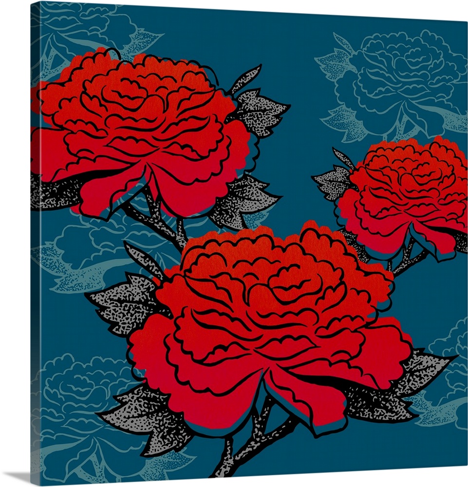 Vintage style illustration of red flowers on dark blue.
