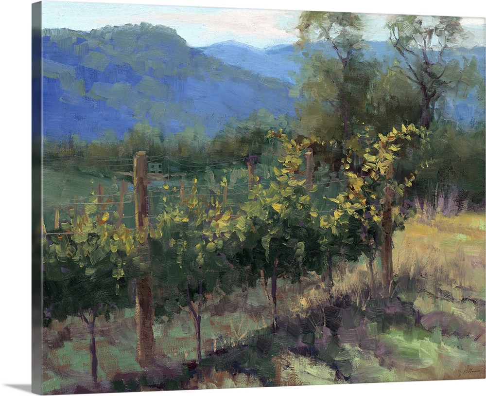 Contemporary painting of plants in a vineyard in a hilly landscape.