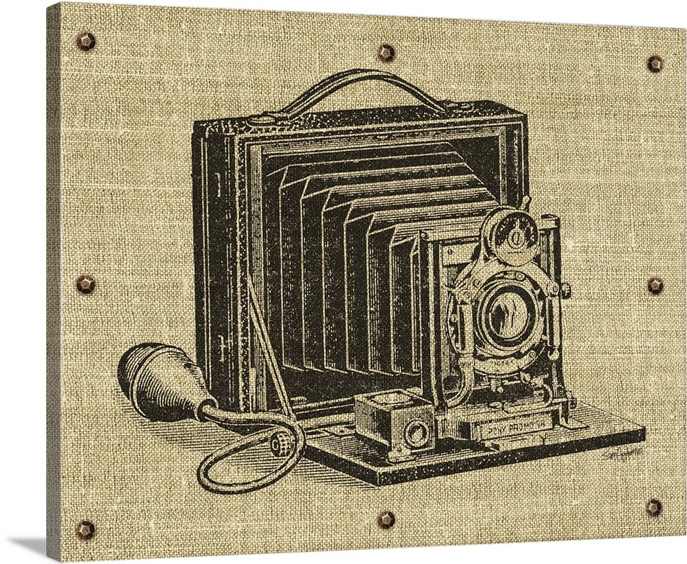 Contemporary artwork of a camera with a vintage look.