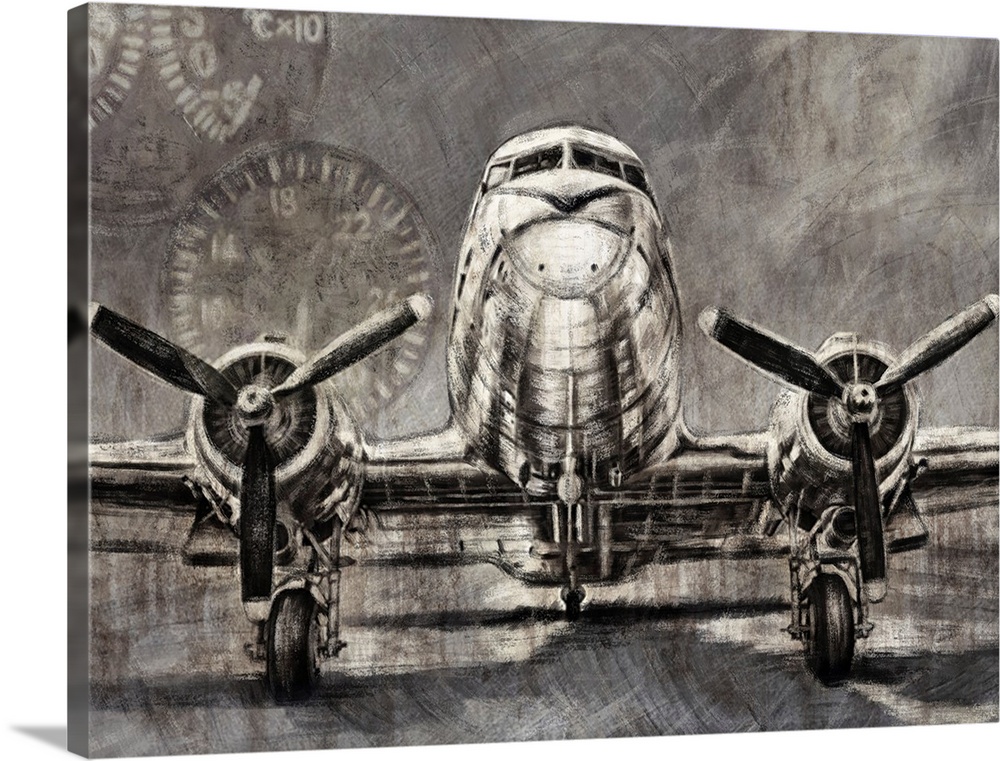 Black and white illustration of a vintage airplane with two propellers and gauges in the background.