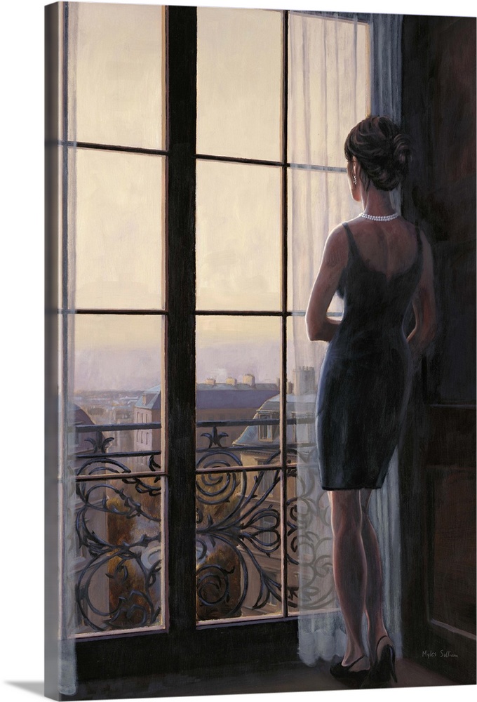 Contemporary painting of a woman looking out a window onto the city of Paris.