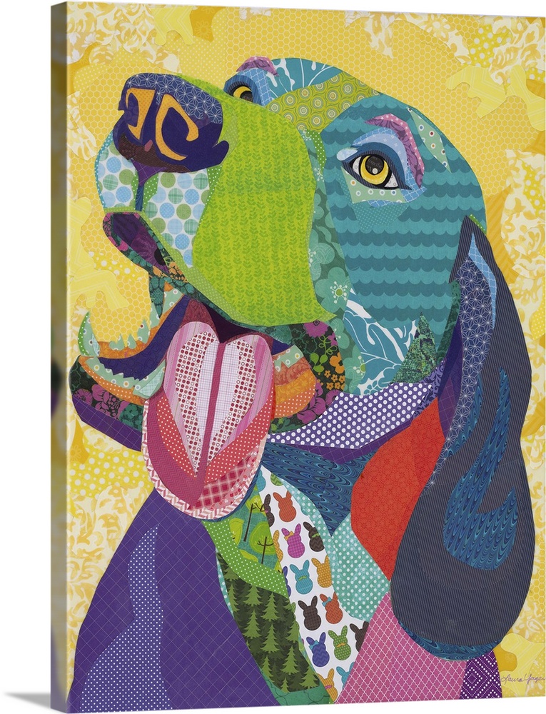 Colorful collage artwork of a happy dog with its tongue hanging out