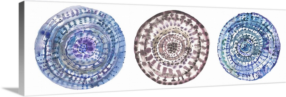 Three circular watercolor shapes with swirls and patterns.