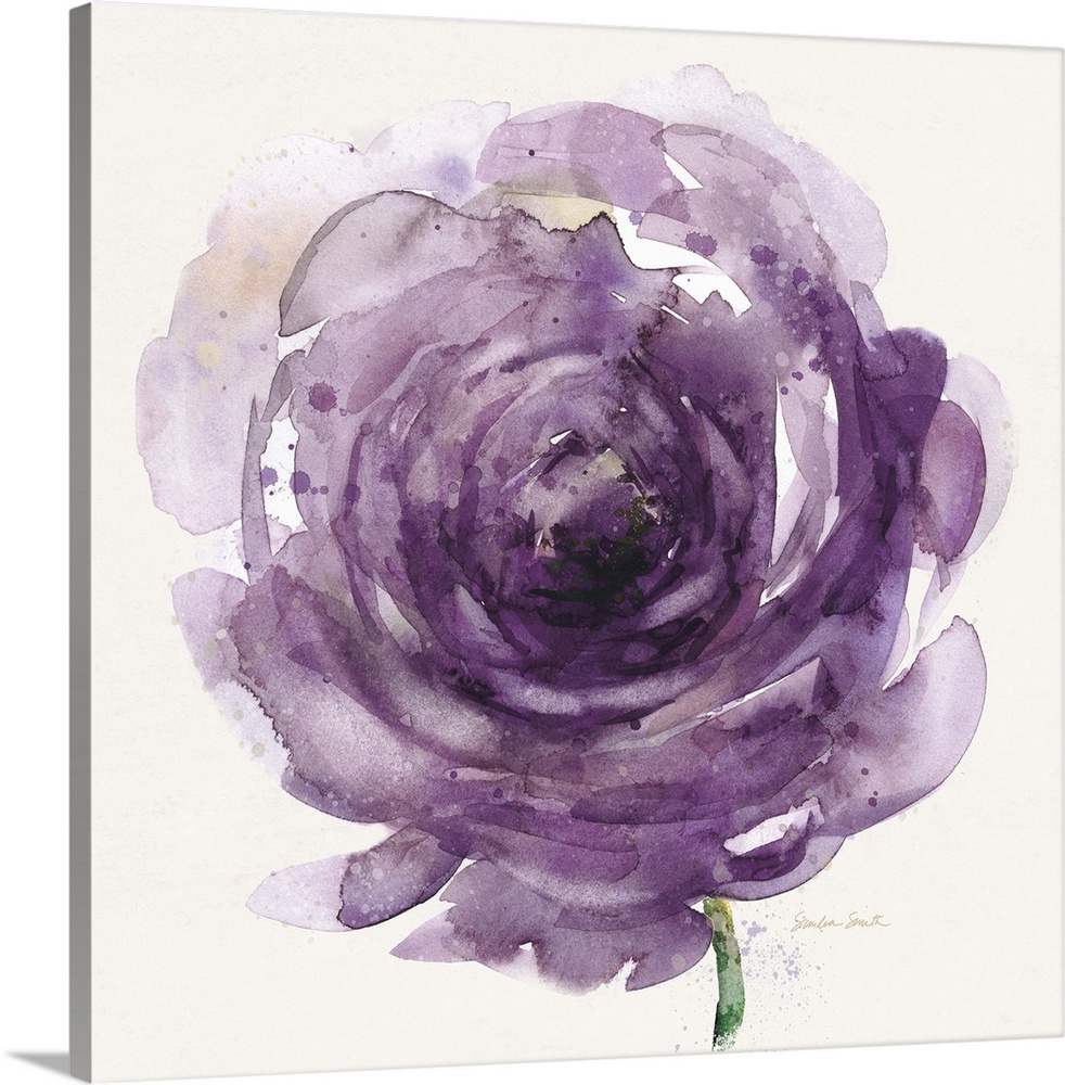 Watercolor painting of a bright purple flower.