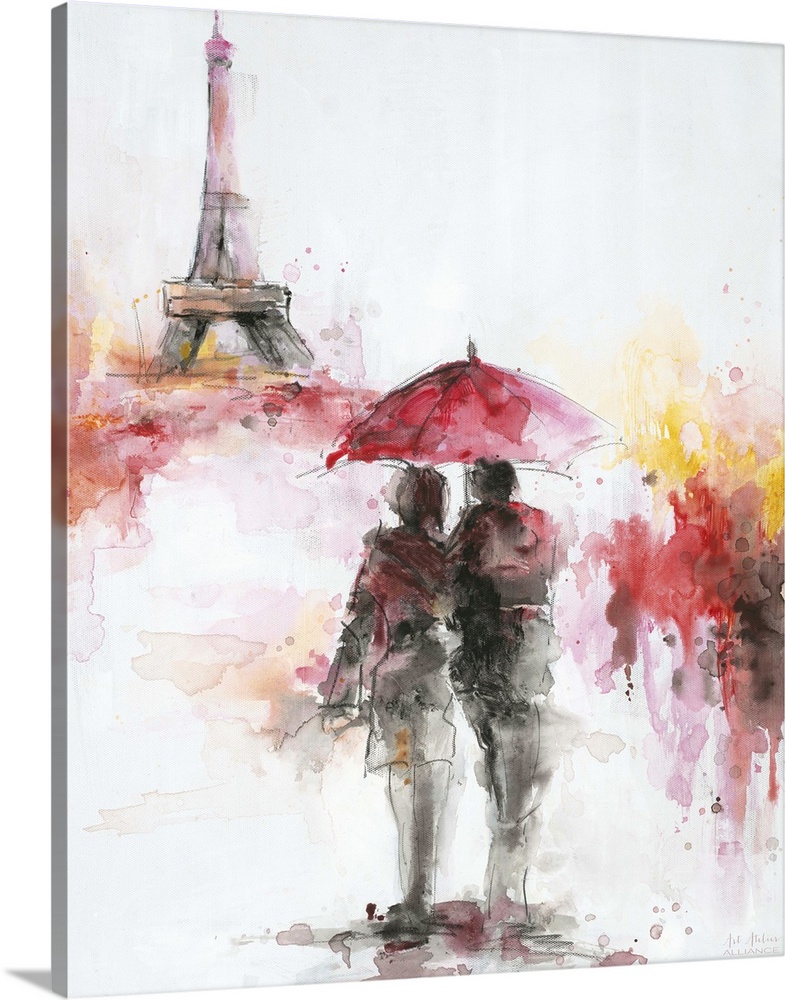 Contemporary artwork of a couple in a loving embrace walking together.
