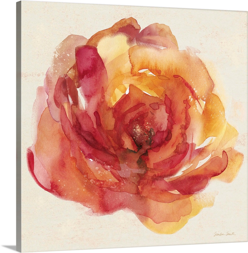 Watercolor painting of a bright orange rose.