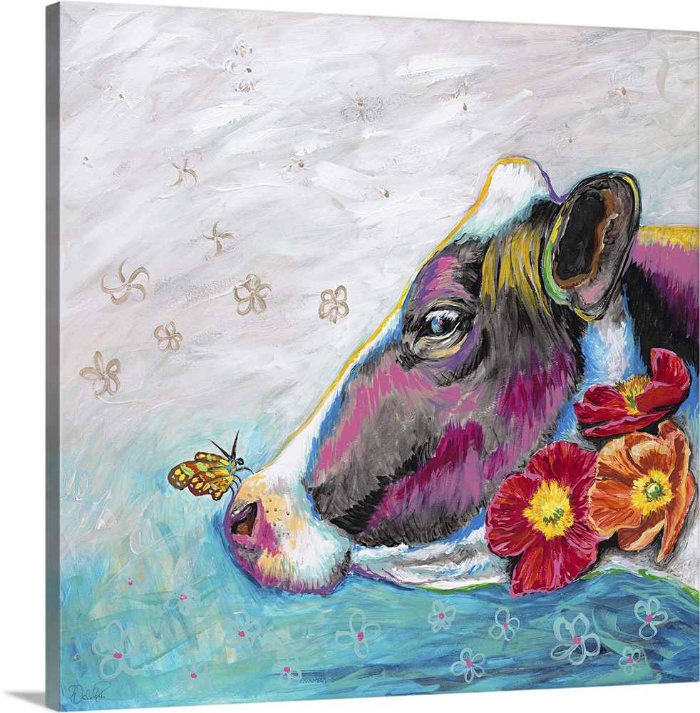 Contemporary painting of a dairy cow with a butterfly on its nose.