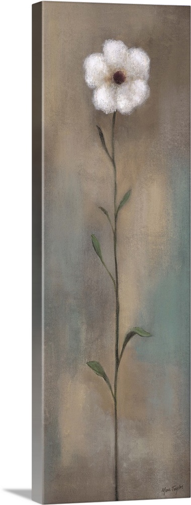 Contemporary painting of a single white flower with a long stem against an earth toned background.