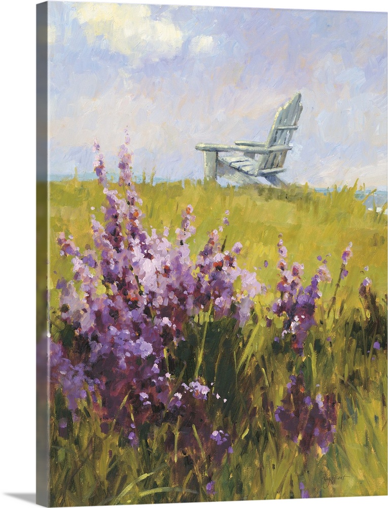 Contemporary painting of a green field with purple wildflowers, with a white lounge chair in the distance.