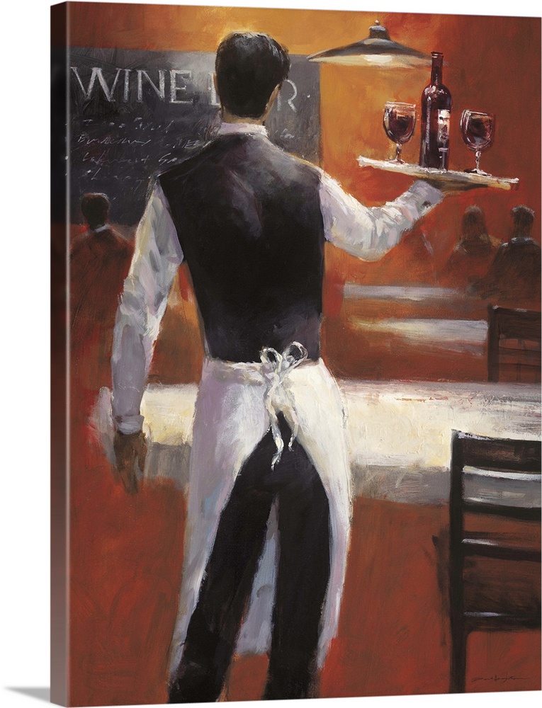 Contemporary painting of a waiter holding a serving tray wine.