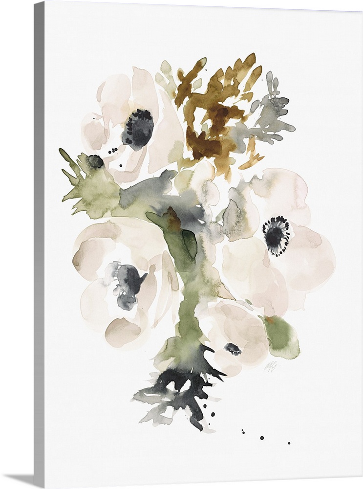 Watercolor painting of a group of three white flowers with dark green leaves.