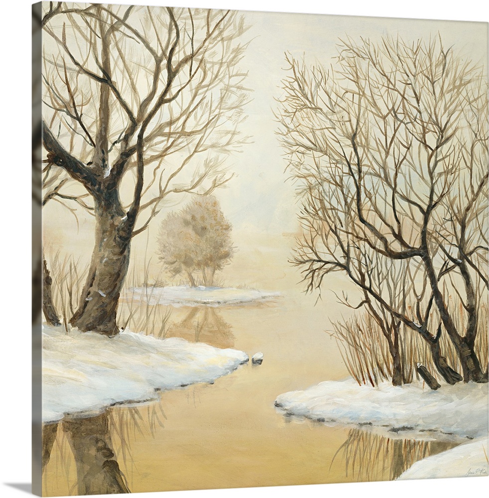 Contemporary painting of a forest clearing seen through fog in winter.