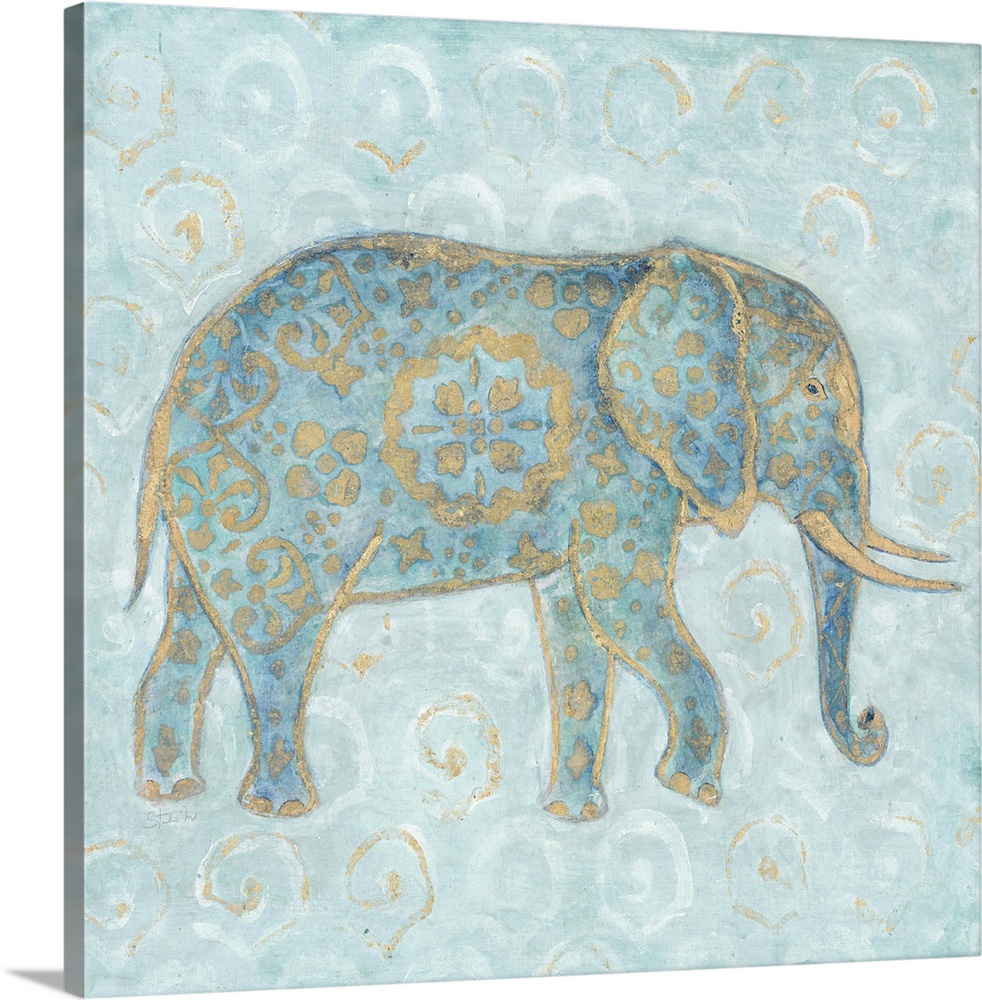 Artwork of an Indian Elephant in blue with a golden design on a pale blue patterned background.