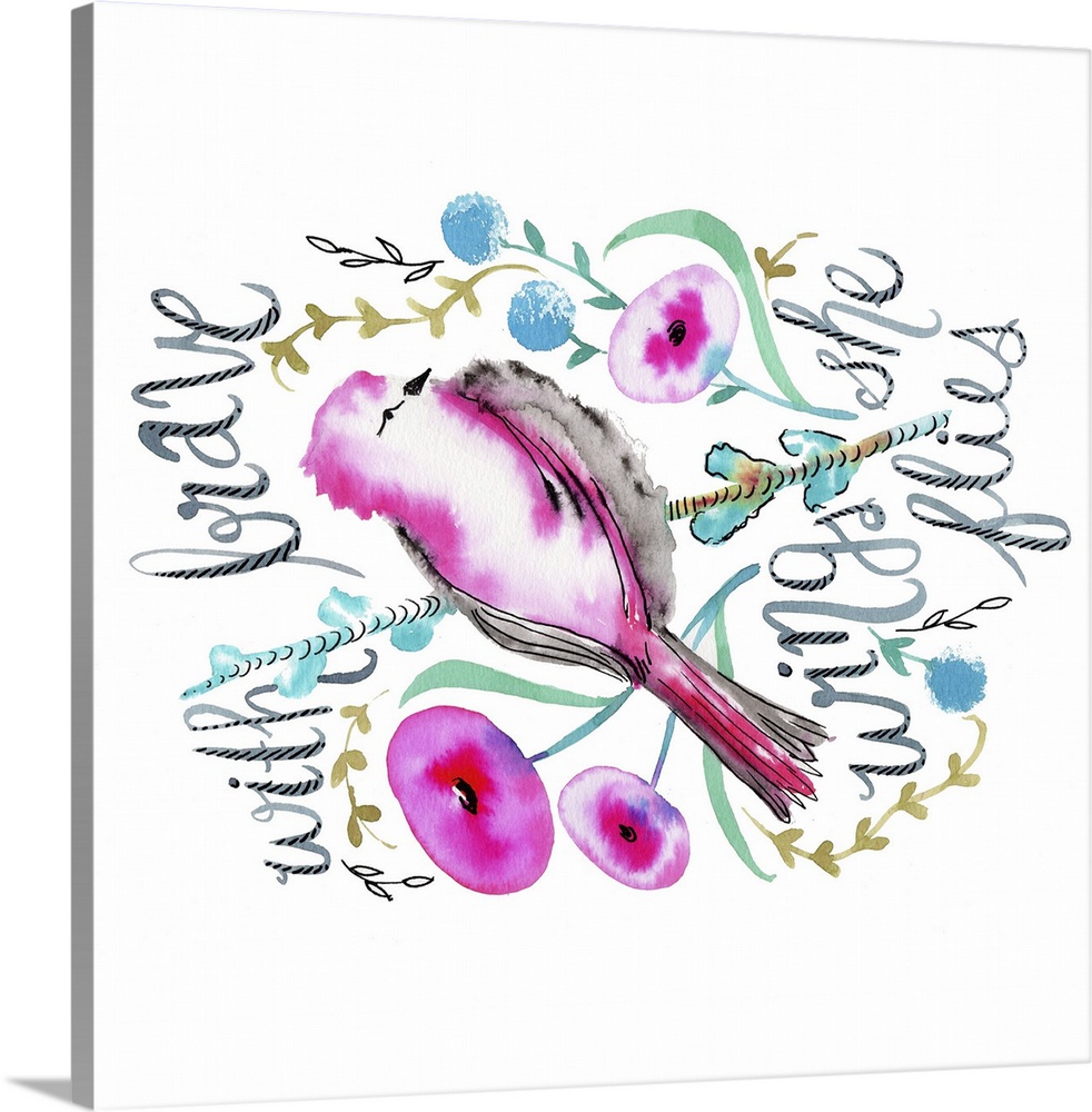 Watercolor florals and bird with a handlettered sentiment.