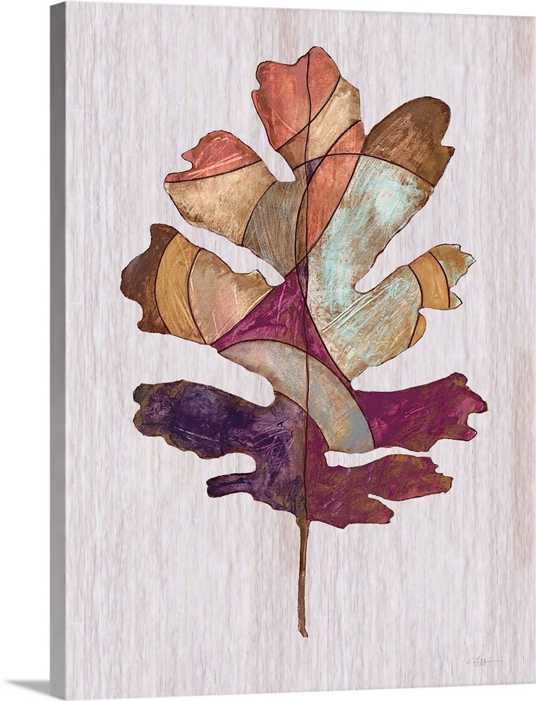 Contemporary painting of a leaf displayed as a wood inlay against a neutral background.