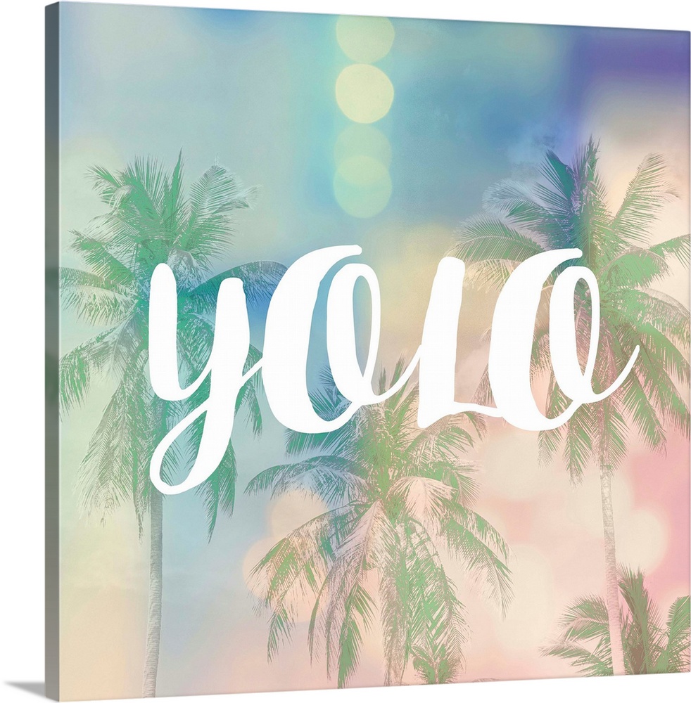 The text "YOLO" in white over a pastel image of palm trees and bokeh lights.