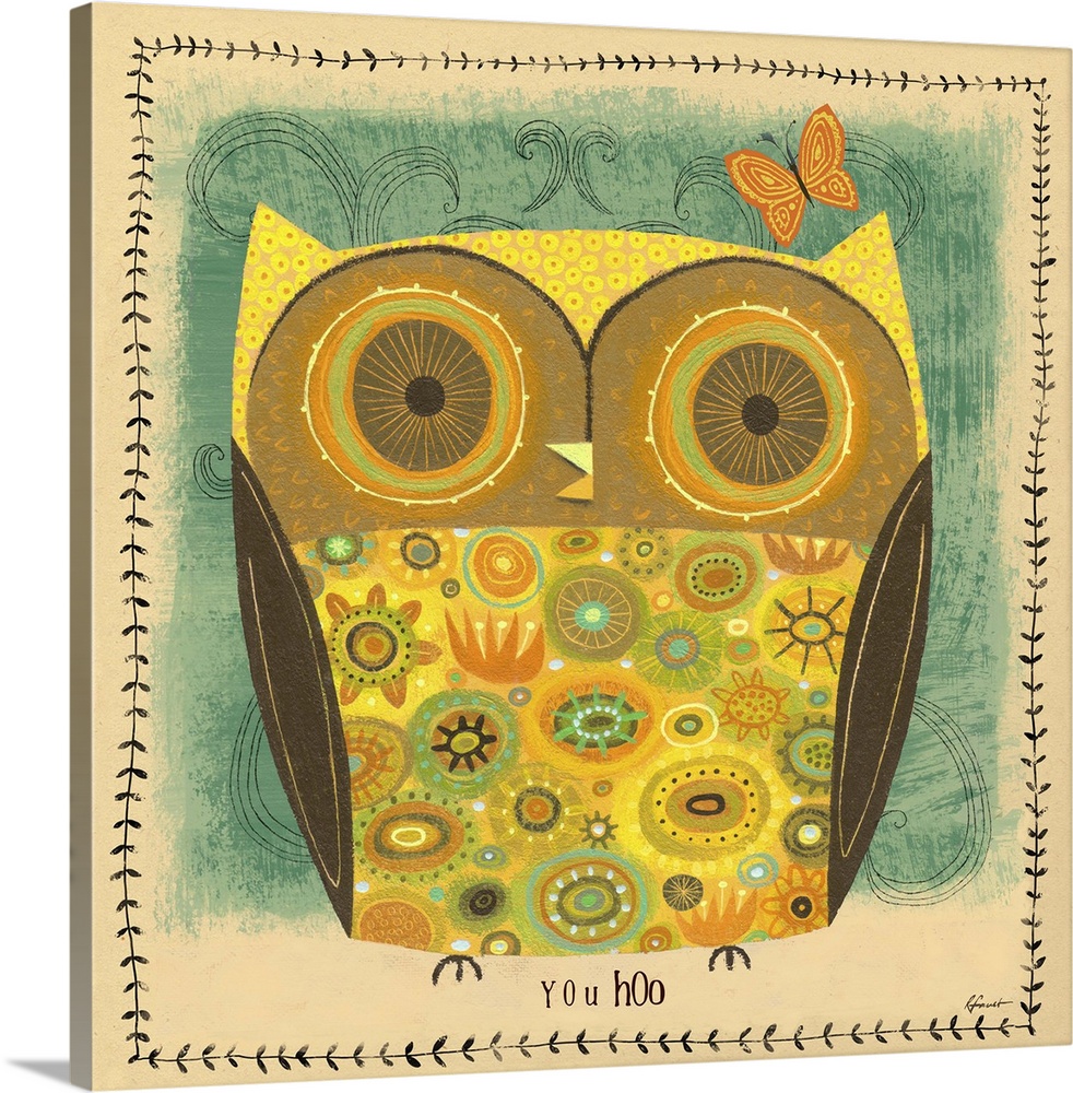 Contemporary artwork with a retro feel of a yellow owl against blueish green background.
