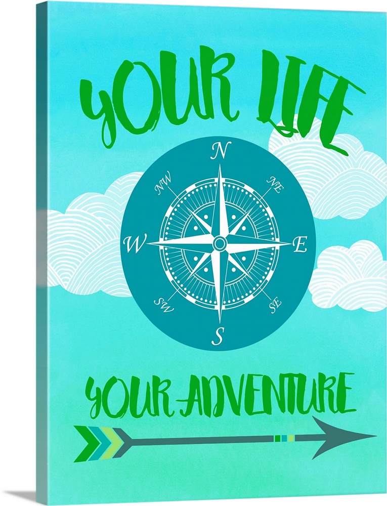 "Your Life Your Adventure" written in green on a cloudy background with a compass rose in the center.